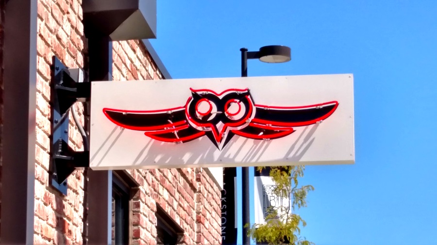 Neon illuminated, double-face projecting sign for Nite Owl in the Blackstone District